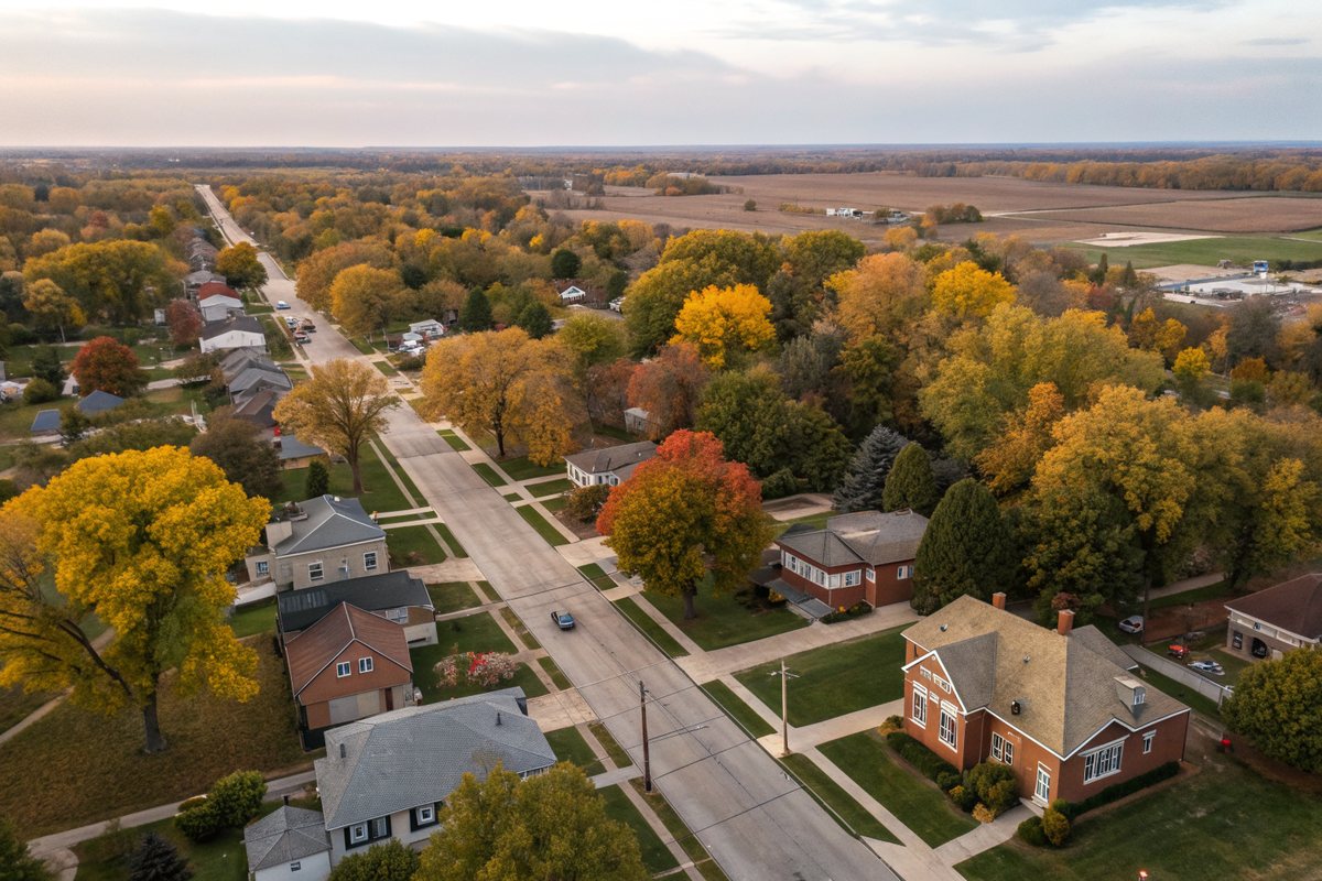 Aerial view of tree-lined streets of houses in autumn on flat land