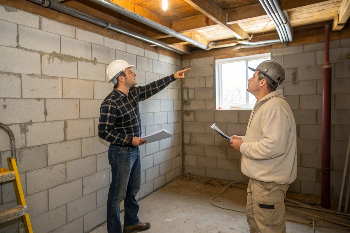 A contractor in a hard hat pointing to a block basement wall while a homeowner looks on