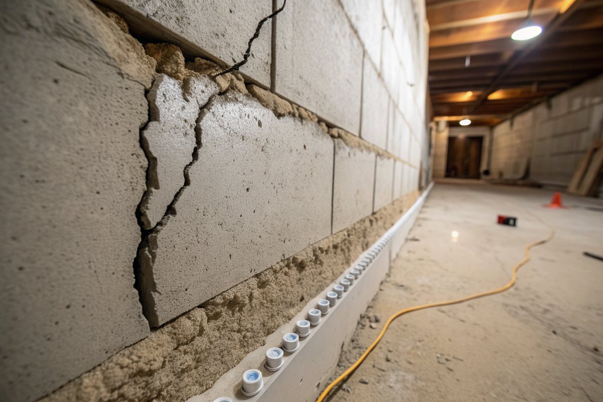 A wide crack in a basement wall with a row of small injection ports set along its base