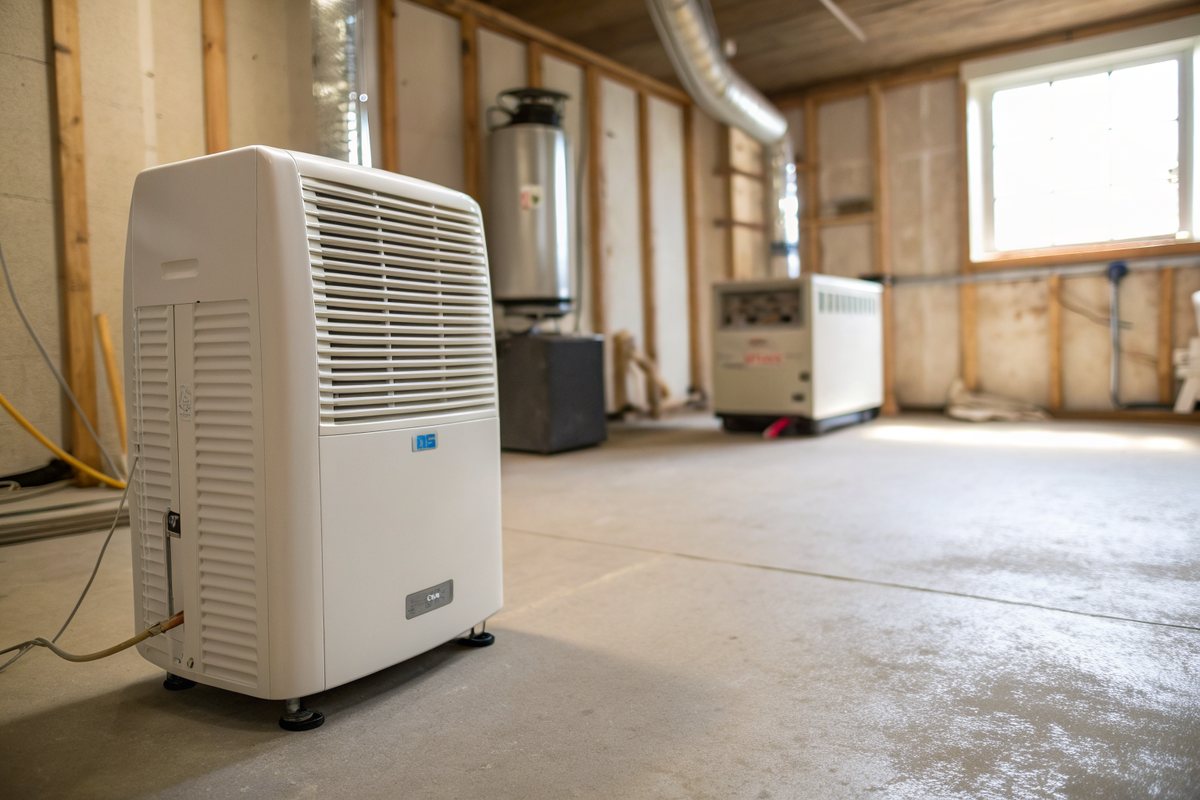 A white dehumidifier on the concrete floor of an unfinished basement with a water heater behind it