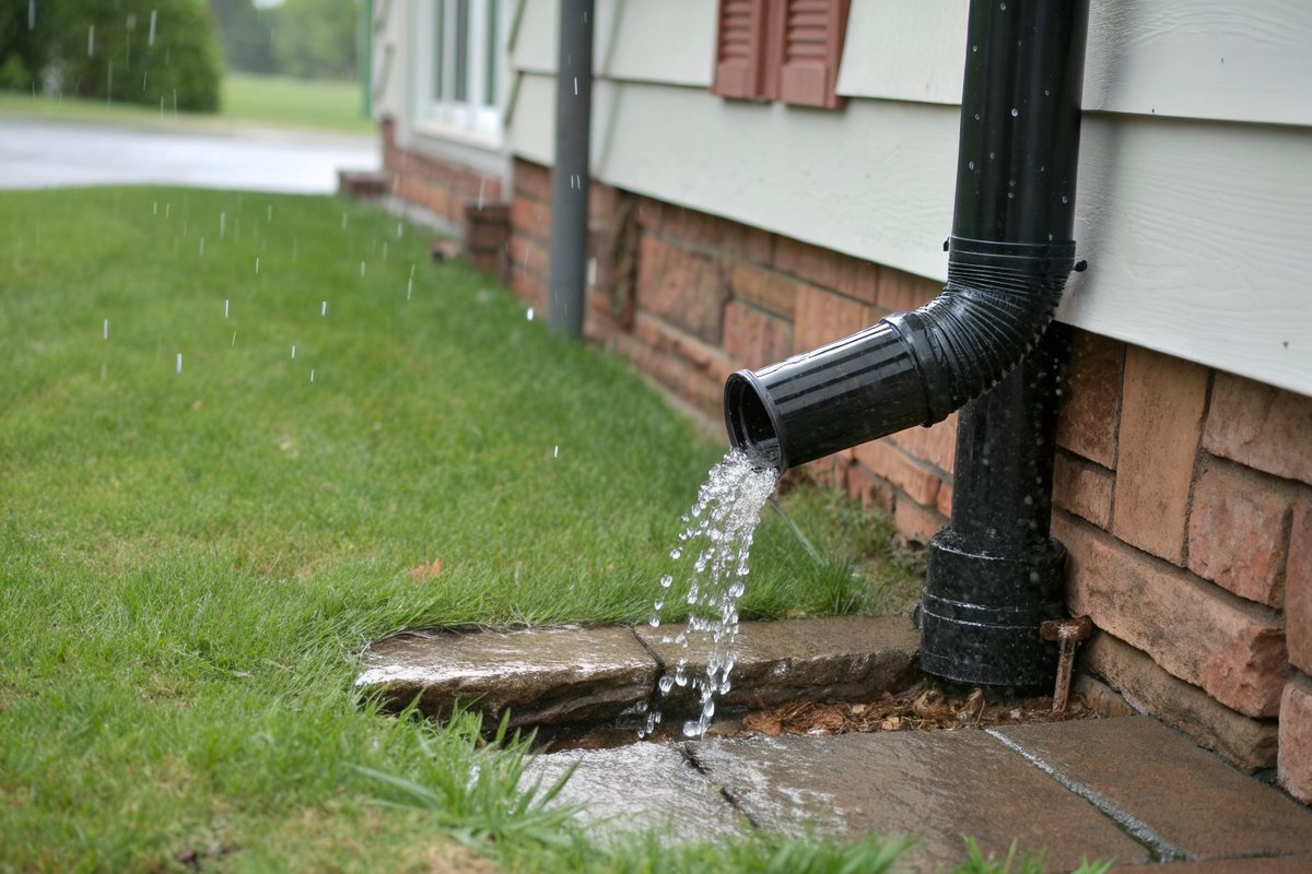 A black downspout and extension letting rainwater out onto a lawn beside a brick foundation