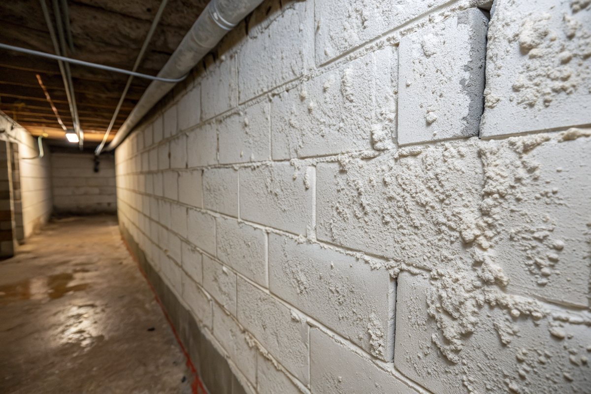 White crusty efflorescence across a painted concrete block basement wall