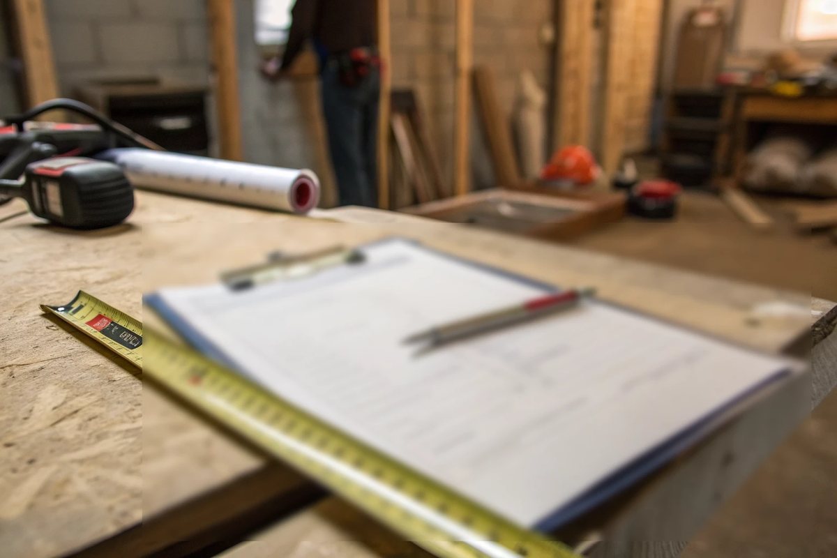 A clipboard with a form, a pen and a tape measure on a workbench