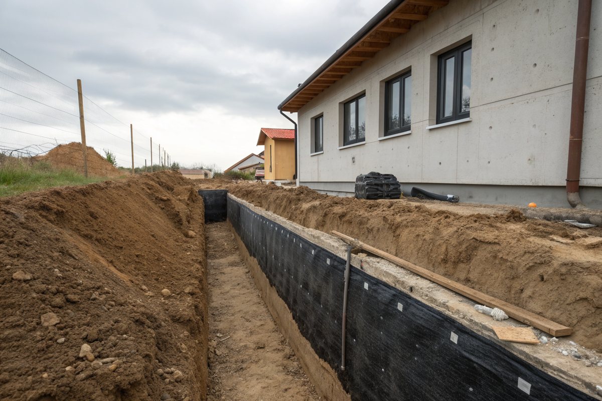 An open trench beside a house foundation coated in black waterproofing, with soil piled along it