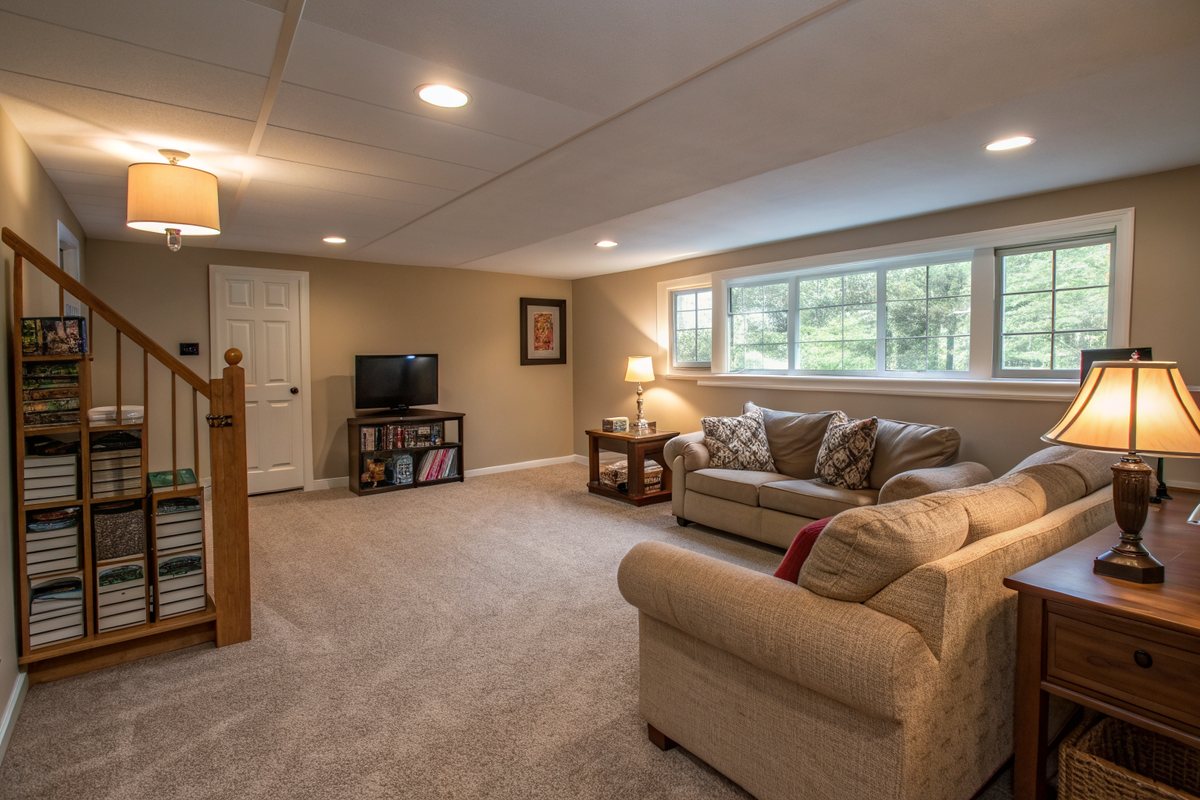 A carpeted finished basement family room with a sofa, lamps and a row of windows