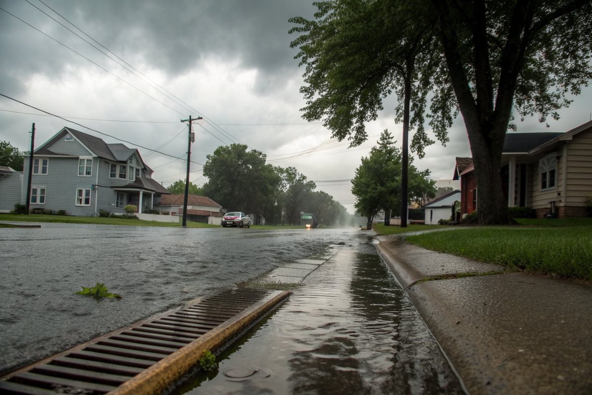 Rain pooling along the curb and a storm drain on a street of older houses