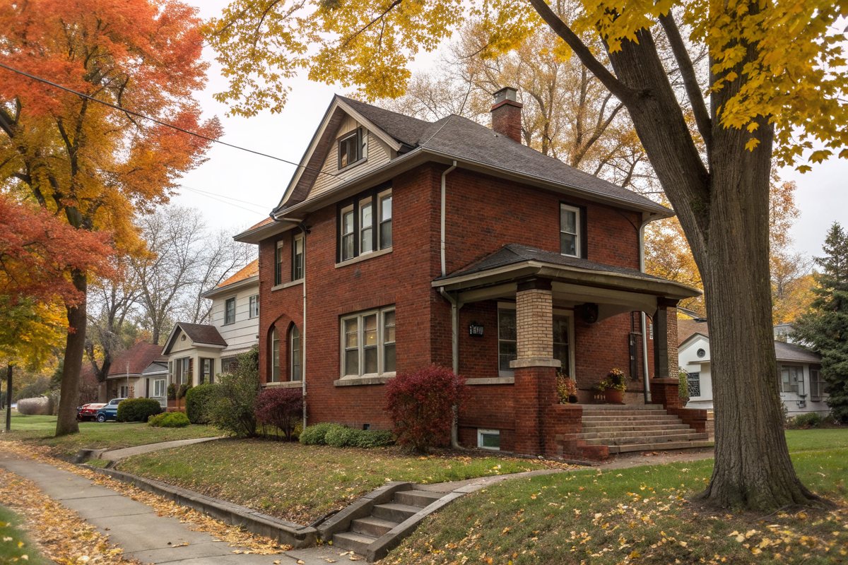 A two-story red brick house with a covered front porch and small basement windows at the foundation, under autumn trees