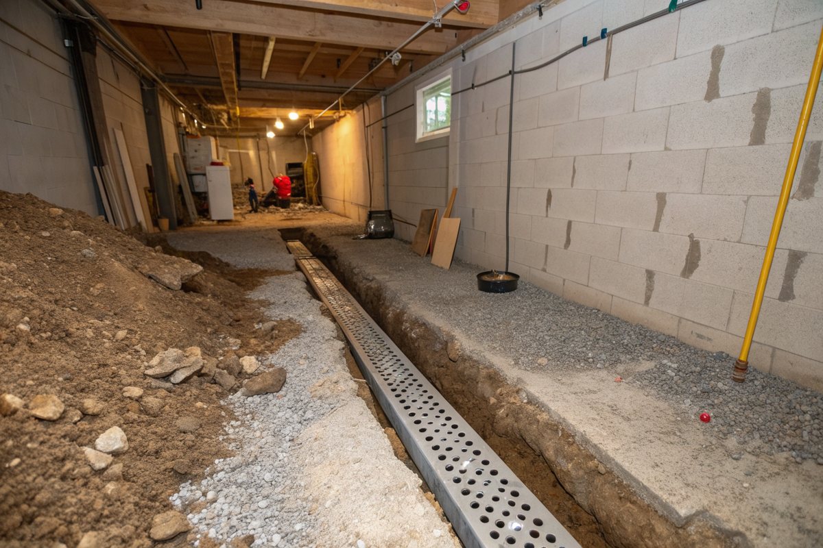 A trench cut into a basement floor along a block wall, holding gravel and a perforated drain channel