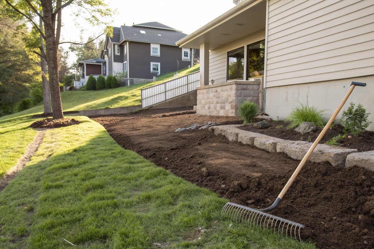 Fresh soil graded away from the foundation of a sided house, with a rake resting on it