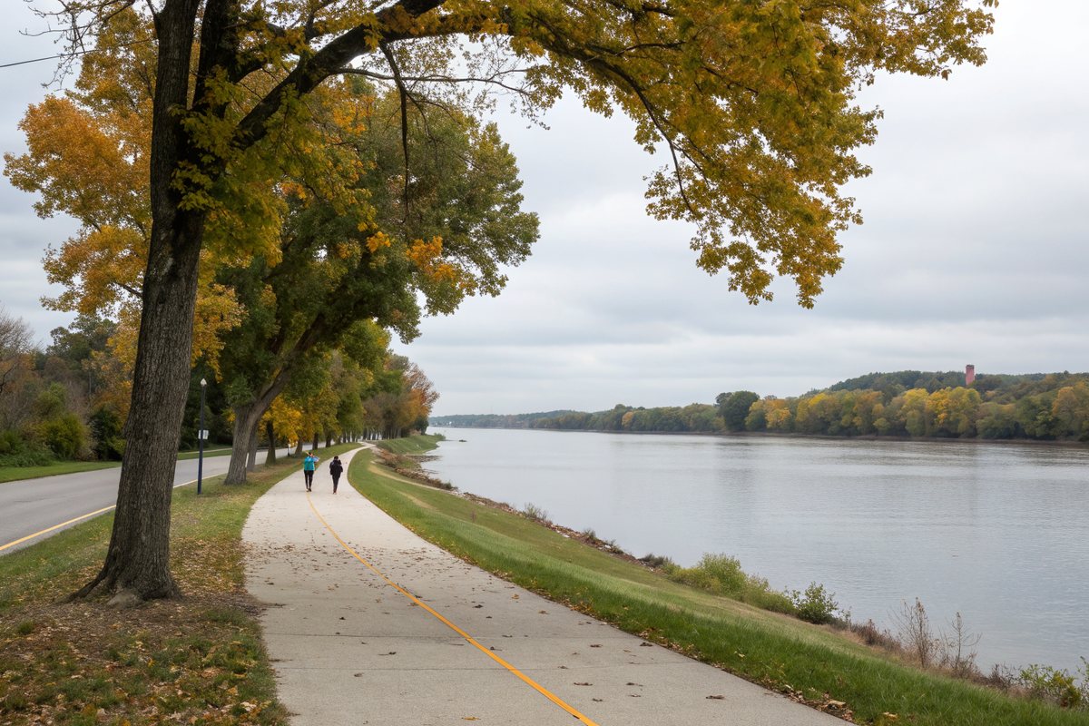 A paved trail along a wide river lined with autumn trees