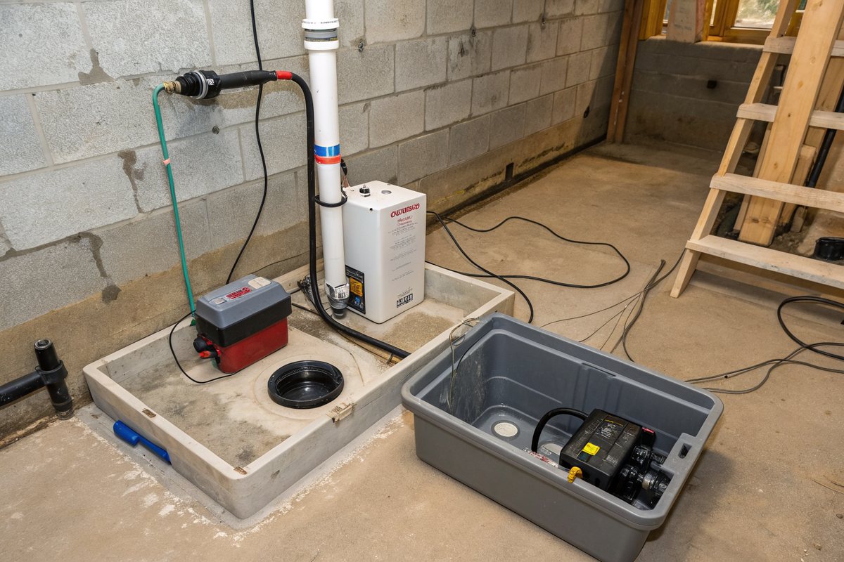 A sump basin with a white discharge pipe, a backup pump unit and a battery case on a basement floor