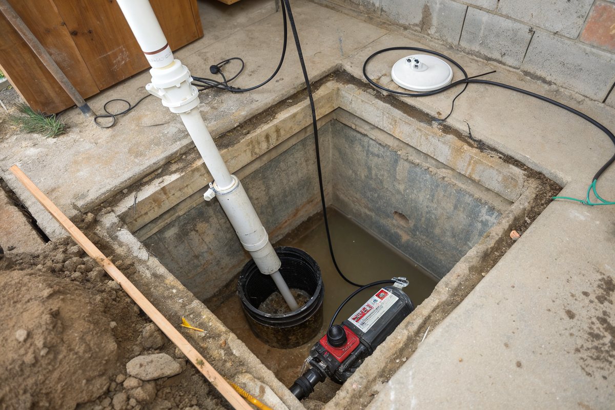 Looking down into a square sump pit with a submersible pump and a white discharge pipe