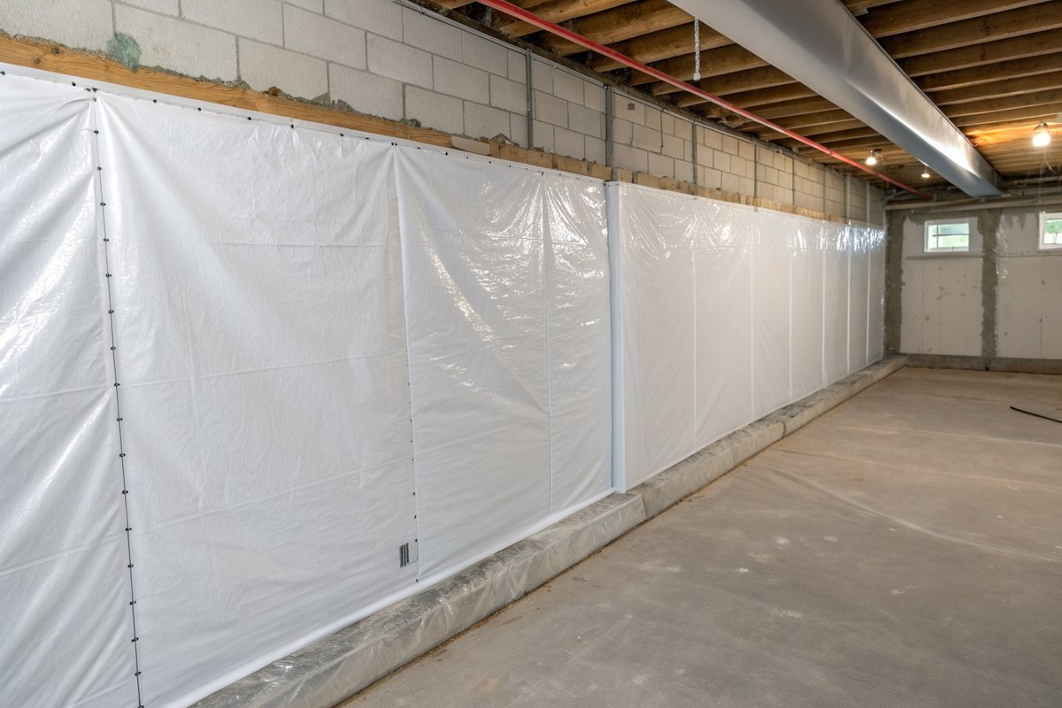 White plastic sheeting fastened along the lower block walls of an unfinished basement