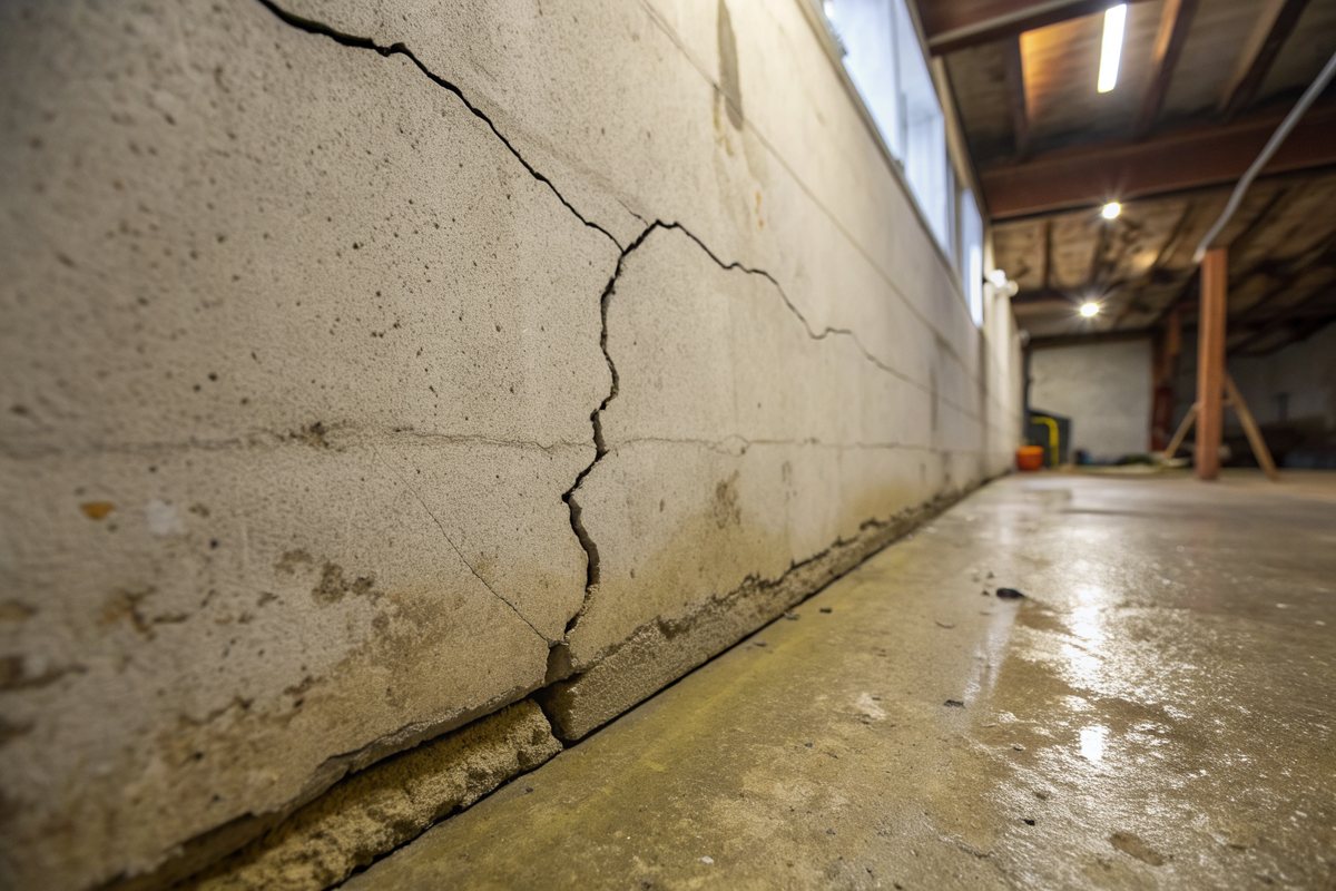 A branching crack running down a poured concrete basement wall above a damp floor