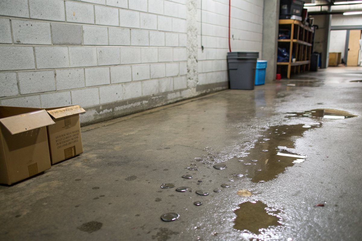 Puddles spreading across a concrete basement floor beside a block wall, with cardboard boxes moved aside