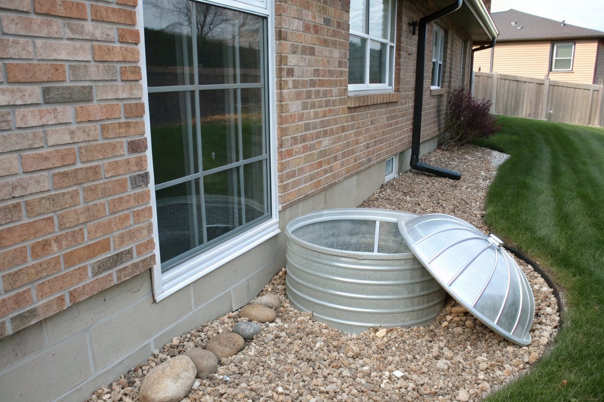 A corrugated metal window well with gravel and a clear dome cover beside a brick house